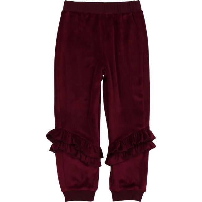 Velour Ribbed Waist & Cuff Ruffle Joggers, Burgundy - Sweatpants - 1