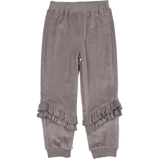 Velour Ribbed Waist & Cuff Ruffle Joggers, Grey - Sweatpants - 1