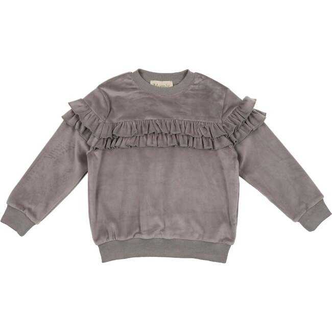 Velour Crew Neck Ruffle Chest Long Sleeve Sweatshirt, Grey