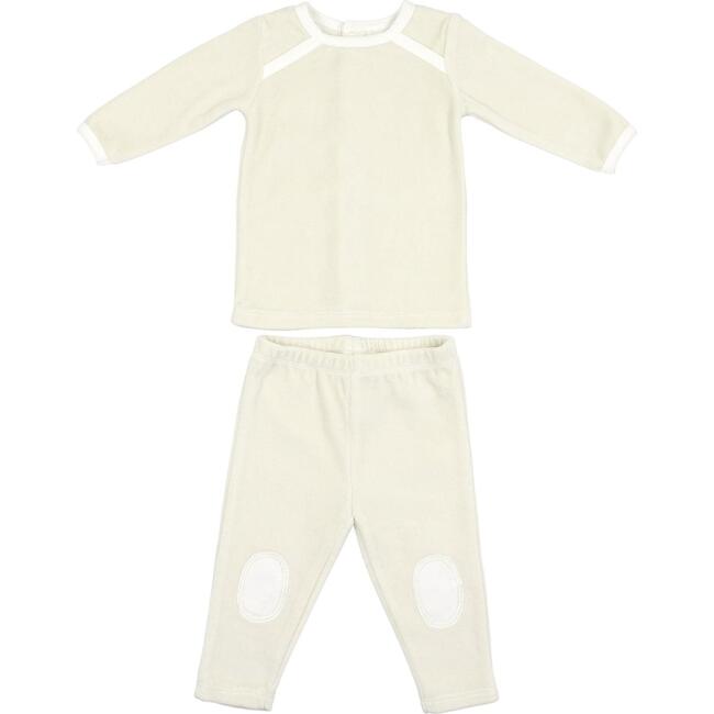 Velour Long Sleeve Top & Knee Patch Pant Lounge Set, Ivory - Mixed Apparel Set - 1