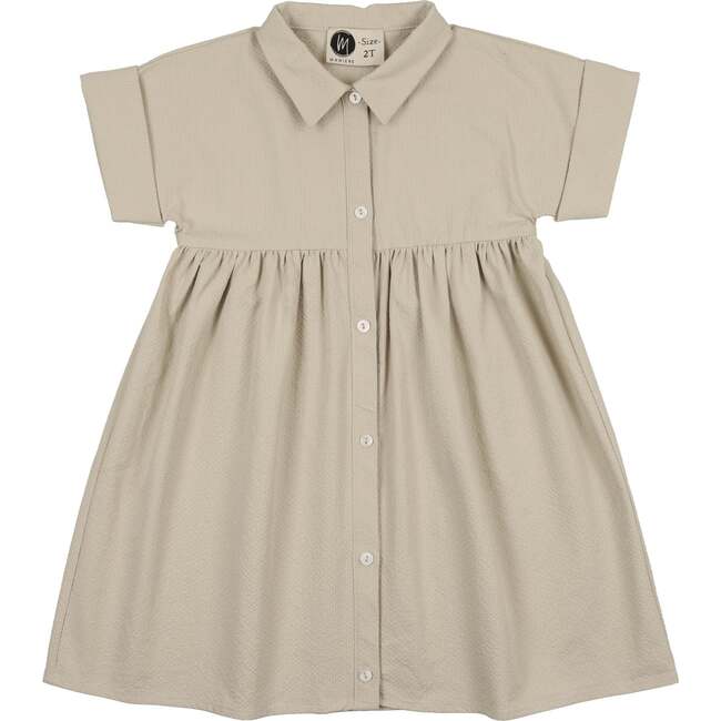Textured Grid Rolled Cuff Short Sleeve Shirt Dress, Sand - Dresses - 1