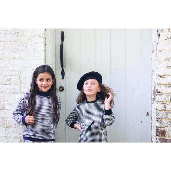 Unisex Soft Gingham Contrast Mock Neck & Cuff Top, Navy