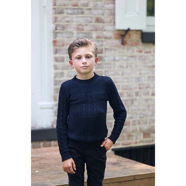 Split Style Knit Mao Collar Crew Fit Sweater, Black