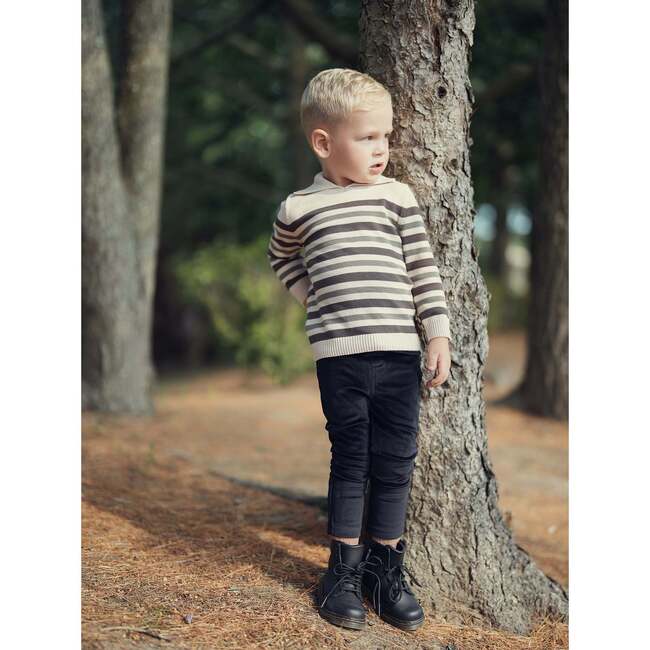 Striped Ribbed Collar Rounded V-Neck Relaxed Fit Sweater, Olive