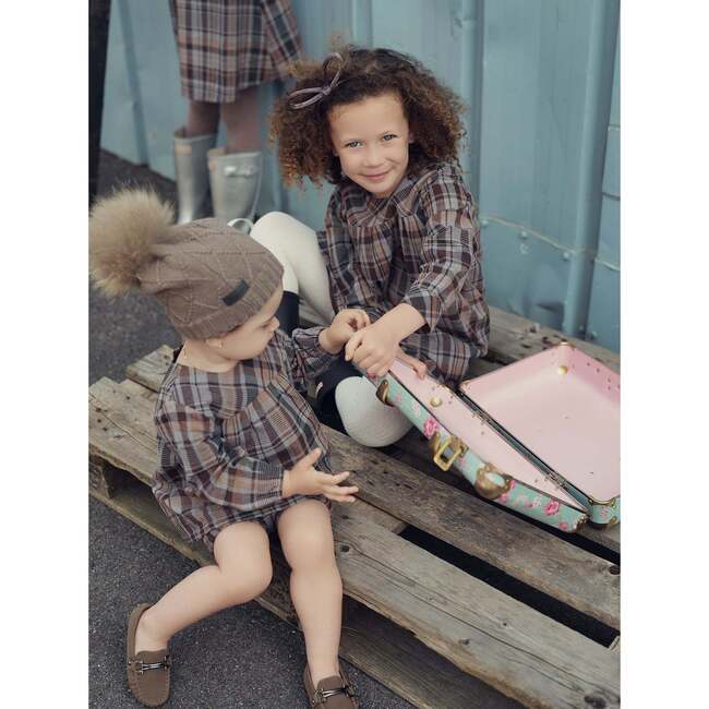 Sweet Plaid Long Puff Sleeve Top & Shorts Set, Brown - Mixed Apparel Set - 3