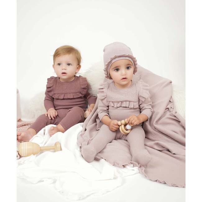 Ruffle Bib Long Sleeve Footie, Pale Mauve