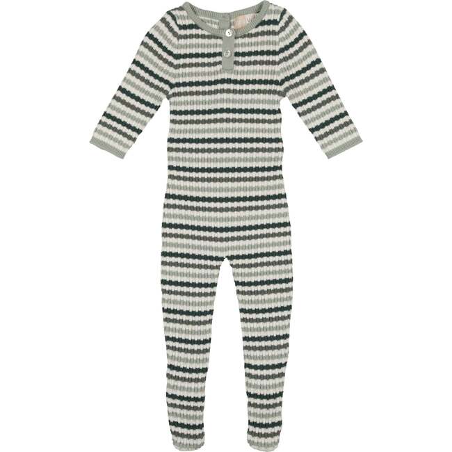 Rib Knit Striped Round Neck Long Sleeve Polo Footie, Teal - Footie Pajamas - 1