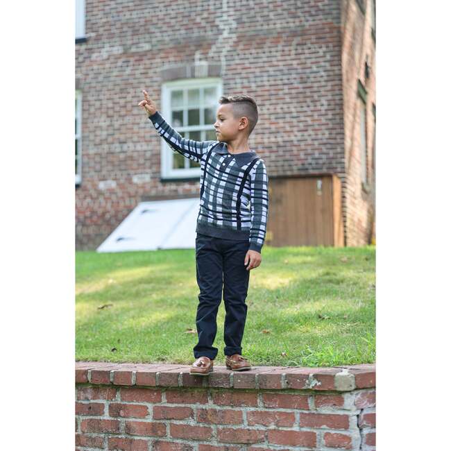 Plaid Button Collared Crew Fit Sweater, Black