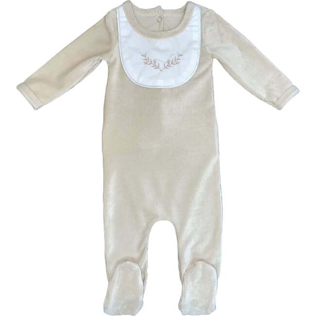 Girl's Embroidered Bib Long Sleeve Footie, Cream