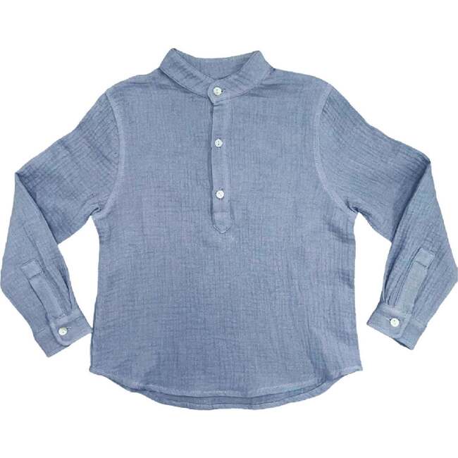 Gauze Mao Collar Half Buttoned Long Sleeve Shirt, Powder Blue