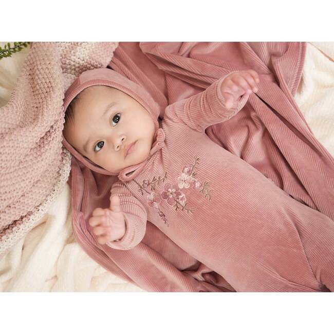 Girl's Embroidered Bib Long Sleeve Footie, Cream