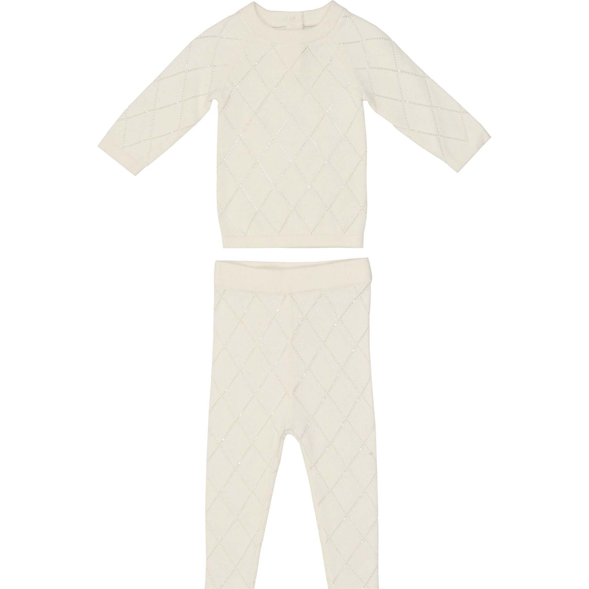 Diamond Pointelle Long Sleeve Top & Pant 2-Piece Set, Ivory - Mixed Apparel Set - 1