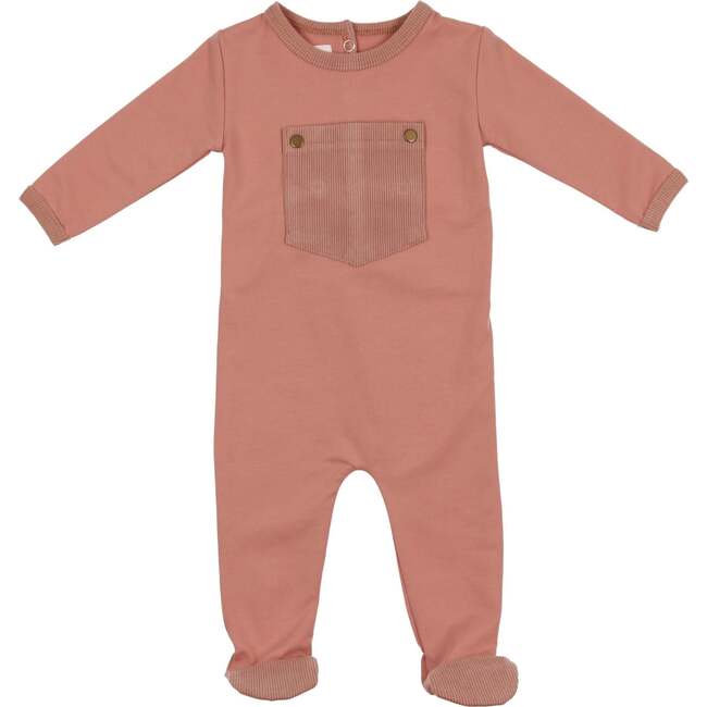 Corduroy Pocket Long Sleeve Footie, Salmon - Footie Pajamas - 1