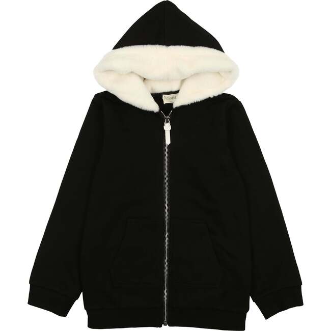 Couture Contrast Zip-Up with Fur Lined Hood, Black & White - Sweaters - 1