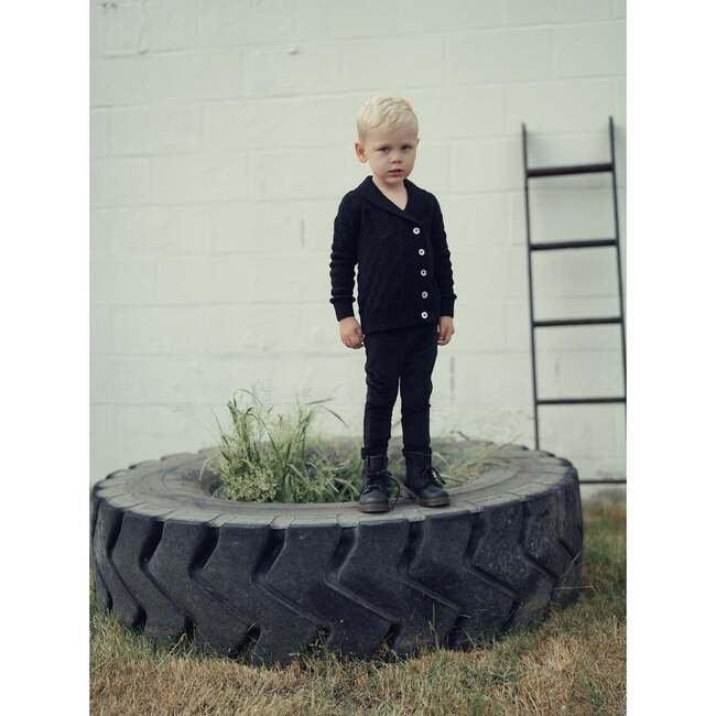 Cube Knit Relaxed Fit Lapel Collar Buttoned Sweater, Black