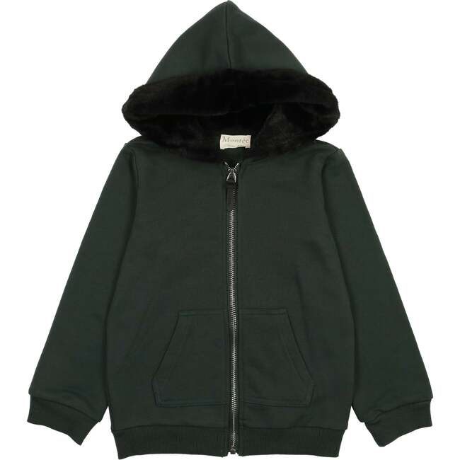 Couture Contrast Zip-Up with Fur Lined Hood Dress, Forest Green