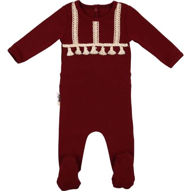 Crochet Tassel Long Sleeve Footie, Burgundy - Footie Pajamas - 1