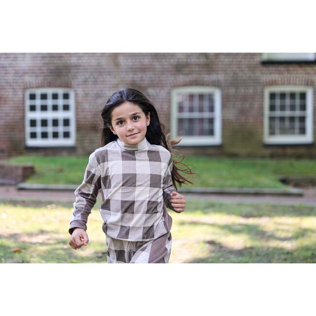 Corduroy Plaid Mao Collar Long Sleeve Toggle Top, Taupe