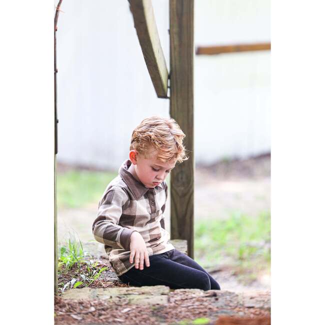 Corduroy Plaid Panel Long Sleeve Polo Shirt, Taupe