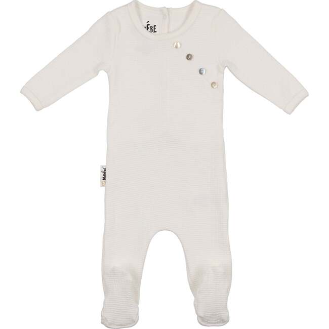 Boys Quilted Waffle Round Neck Long Sleeve Cross Buttoned Footie, Ivory