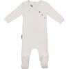 Boys Quilted Waffle Round Neck Long Sleeve Cross Buttoned Footie, Ivory - Footie Pajamas - 1 - thumbnail