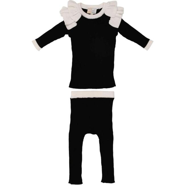 Contrast Trim & Shoulder Ruffle Top & Pant 2-Piece Set, Black & White