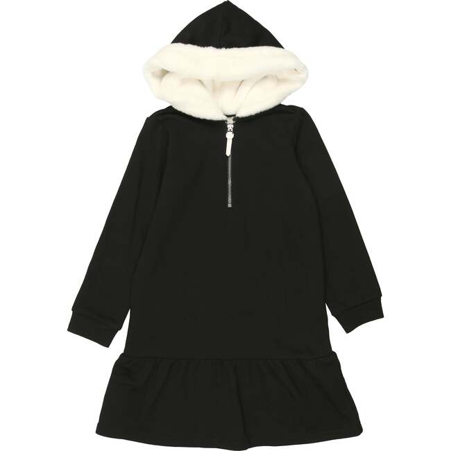 Couture Contrast Zip-Up with Fur Lined Hood Dress, Black