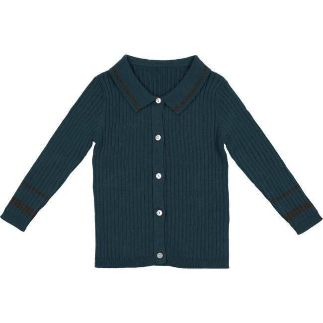 Classic Collar Contrast Stripe Cardigan, Deep Teal