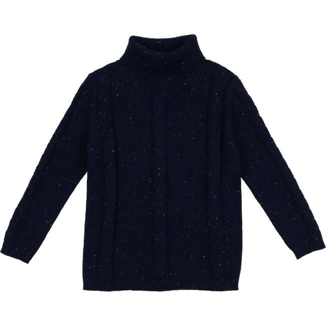 Cable Knit Ribbed Turtle Neck Sweater, Navy Rainbow