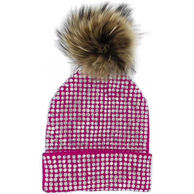 Studded Crystal Faux Fur Pom Pom Beanie, Hot Pink - Hats - 1