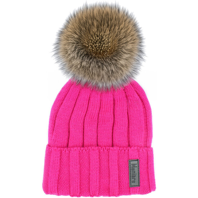 Ribbed Merino Wool Faux Fur Pom Pom Hat, Hot Pink - Hats - 1