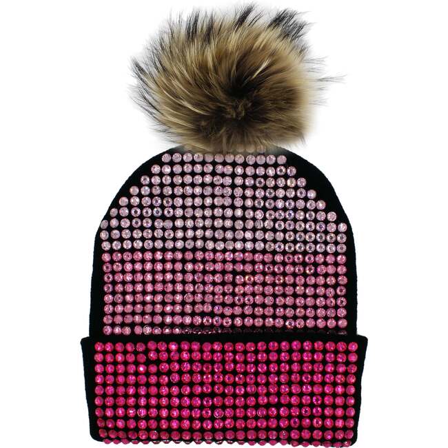 Studded Crystal Faux Fur Pom Pom Beanie, Black Ombre - Hats - 1
