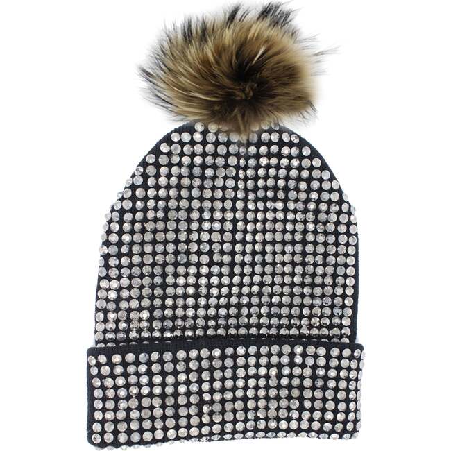 Studded Crystal Faux Fur Pom Pom Beanie, Rainbow - Hats - 1