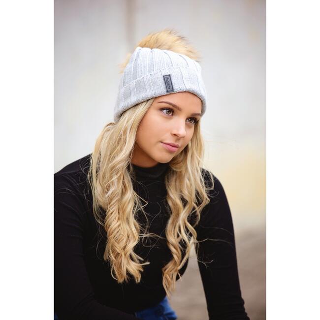 Ribbed Merino Wool Faux Fur Pom Pom Hat, Charcoal - Hats - 2
