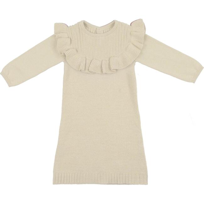 Yoke Collar Ruffle Knit Dress, Ivory