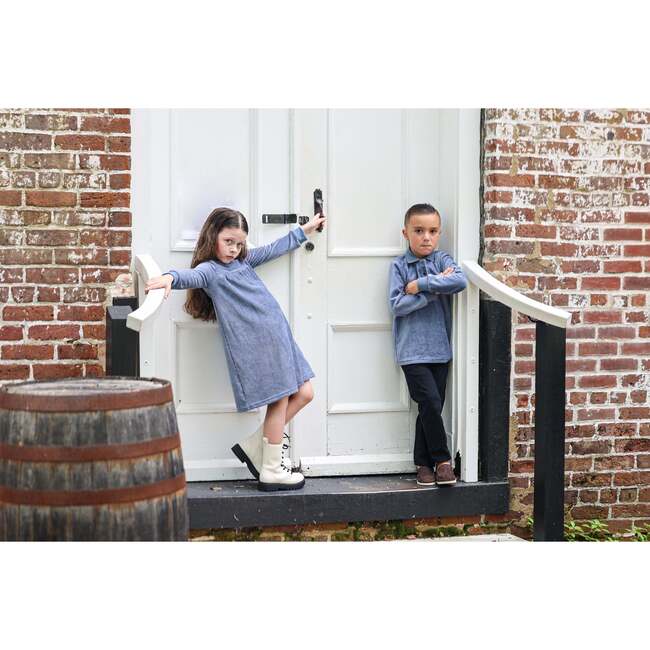 Corduroy Essentials Mao Collar Long Sleeve Relaxed Fit Dress, Blue