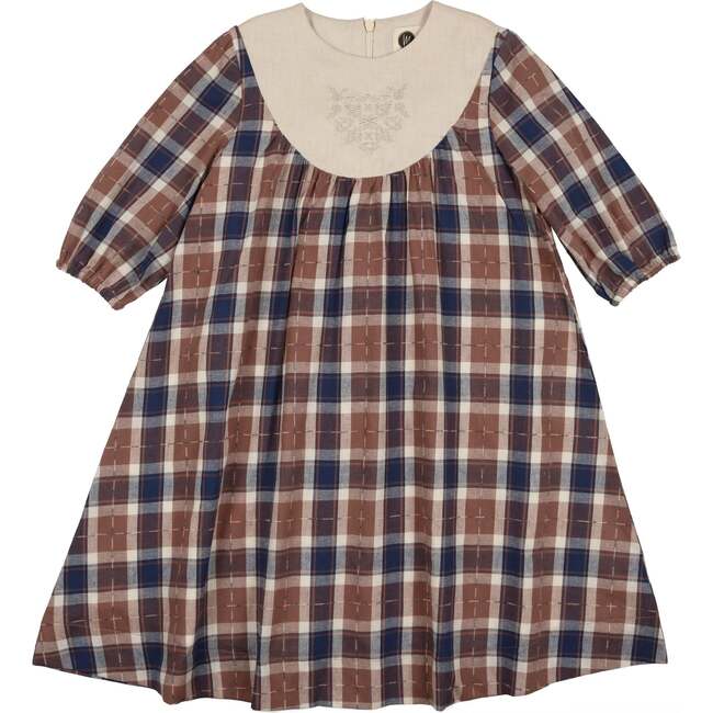 Embroidered Windowpane Long Sleeve Dress, Navy & Brown