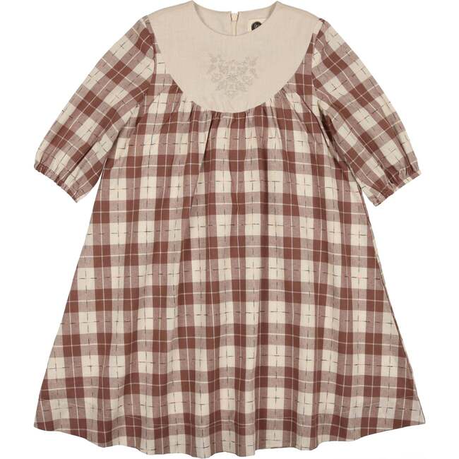 Embroidered Windowpane Long Sleeve Dress, Brown