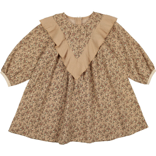 Closed Neck Floral Ruffle Dress, Cream