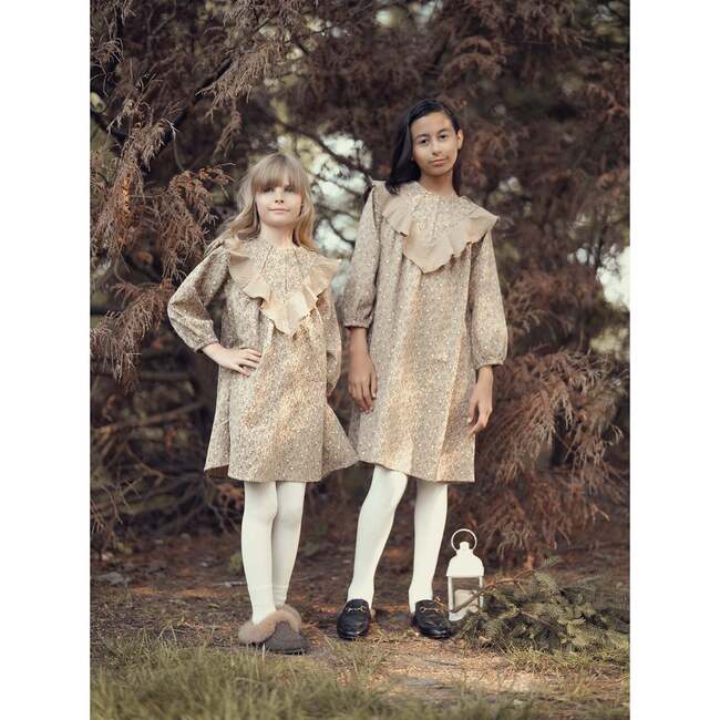 Closed Neck Floral Ruffle Dress, Cream