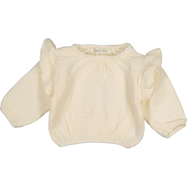 Long Sleeve Gauze Top with Ruffled Shoulder, Cream