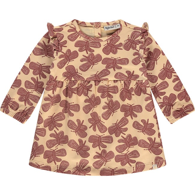 Dragonfly Print Round Neck Long Sleeve Dress, Vanilla