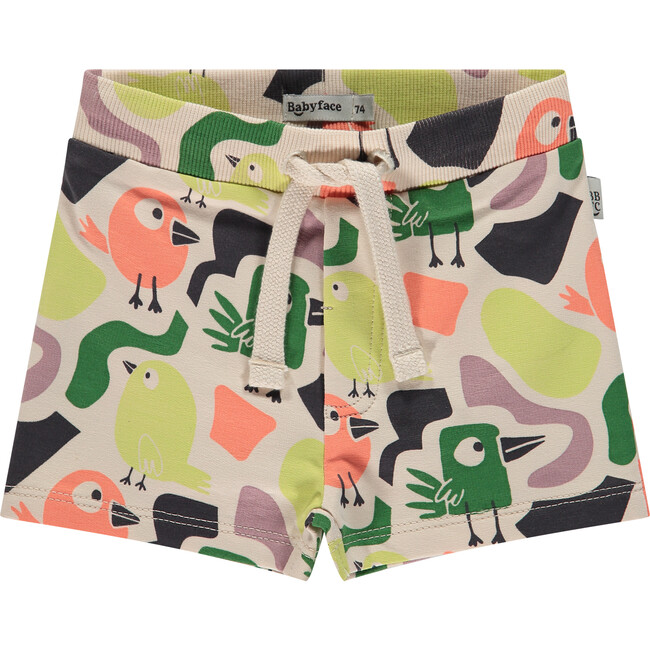 Colorful Bird Print Drawstring Sweatshorts, Cream & Multicolors