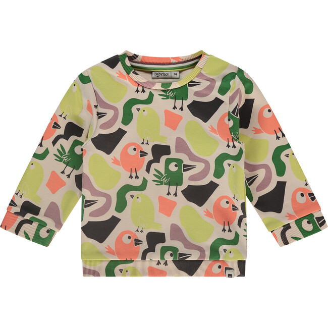 Colorful Bird Print Long Sleeve Sweatshirt, Cream & Multicolors