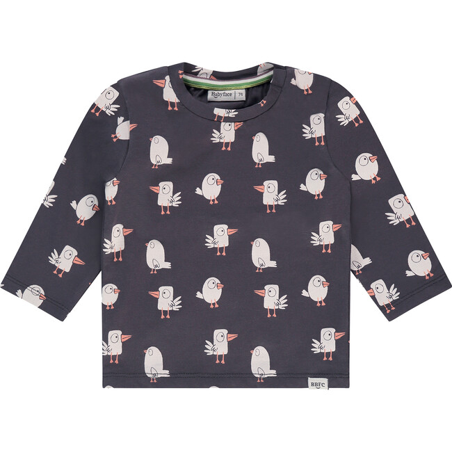 Cartoon Birds Print Long Sleeve T-Shirt, Dark Grey