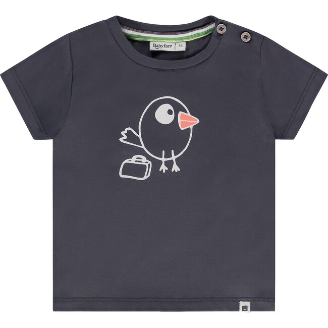 Bird Print Round Neck Short Sleeve T-Shirt, Dark Grey