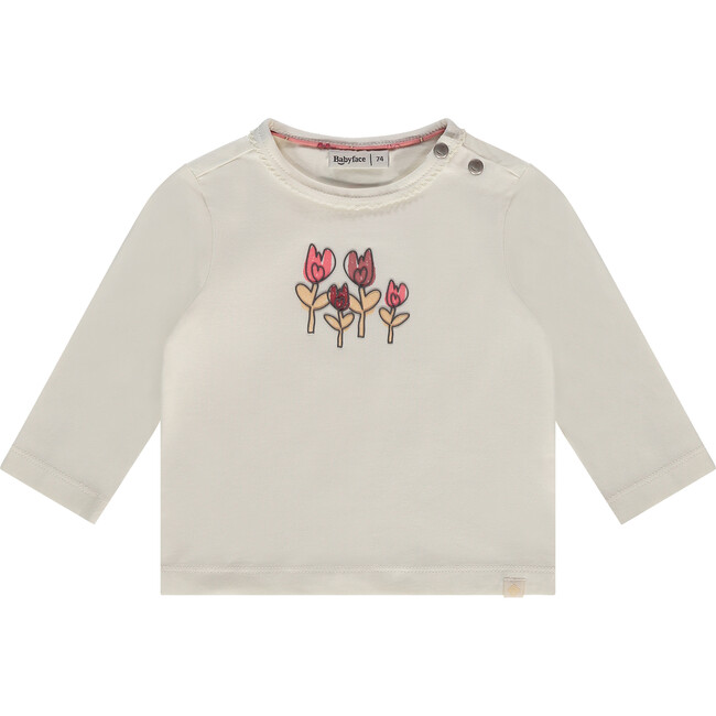 Flowers Print Round Neck Long Sleeve T-Shirt, Ivory