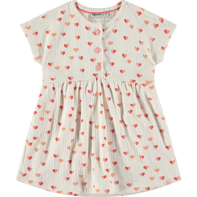 Hearts Print Ruffled Waist Short Sleeve Dress, Ivory & Multicolors