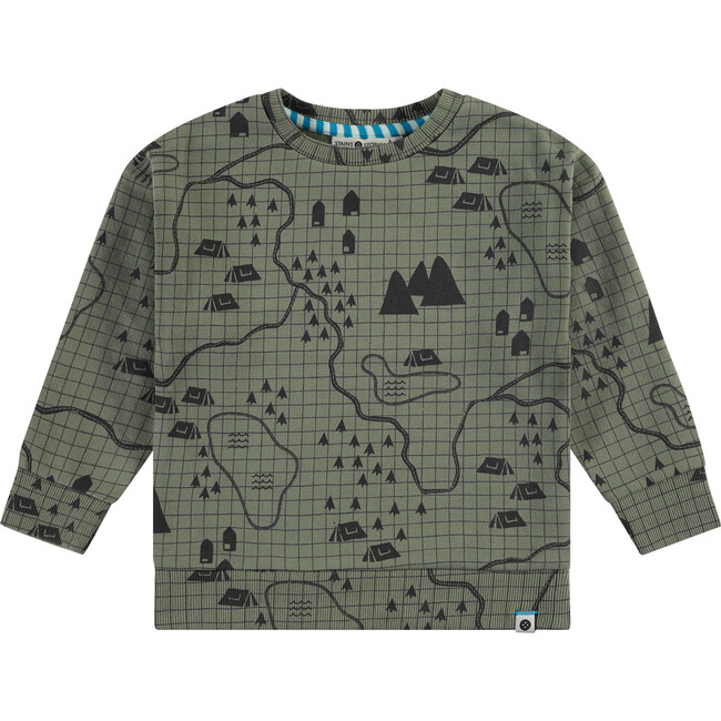 Campsite Map Print Crew Neck Pullover Sweatshirt, Green