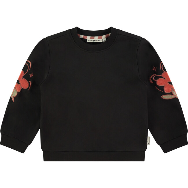 Printed Elbow Crew Neck Pullover Sweatshirt, Deep Black